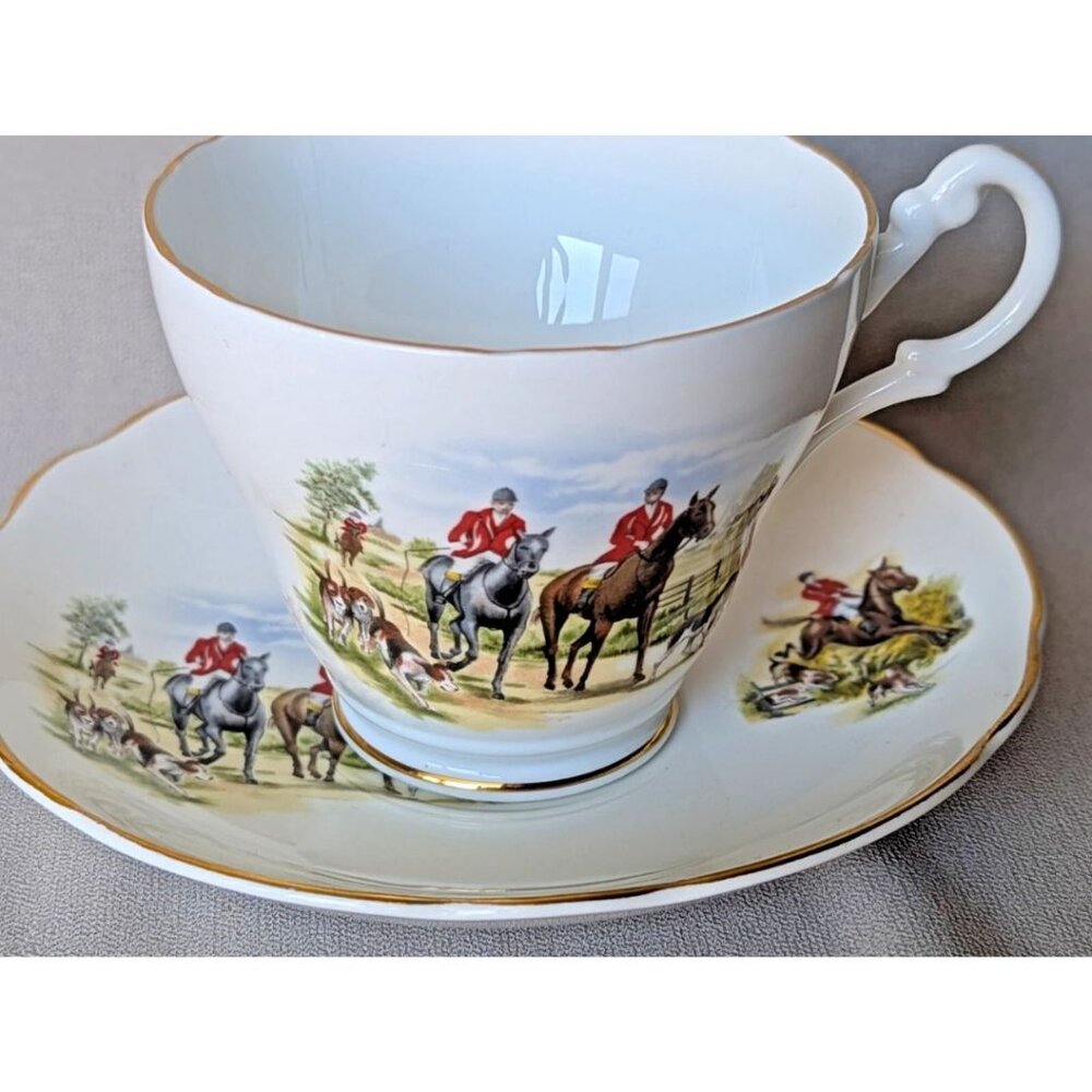 Vintage ROYAL STUART Fine Bone China Cup Saucer Equestrian HORSES and HOUNDS